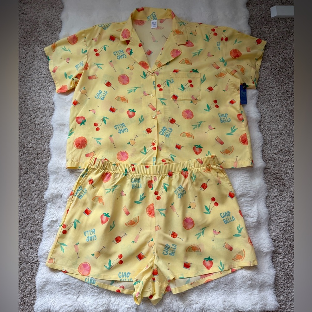 Sleep Chic 70% Rayon Yellow Fruit Cocktail Clao Bella Print Pajama Set-XL - Picture 3 of 13